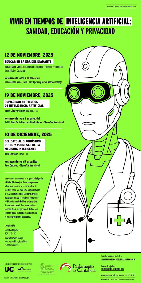 IFCA_CSIC_UC's tweet image. ❇️Está tarde, nuestras compañeras Judith Sáinz-Pardo y Lara Lloret, ofrecerán la mesa redonda:

🔒&quot;Privacidad en tiempos de inteligencia artificial&quot;

📍 Sala FAG, Paraninfo UC

📅 19/11/2025 · 19:00 h

🎟️ Entrada libre hasta completar aforo