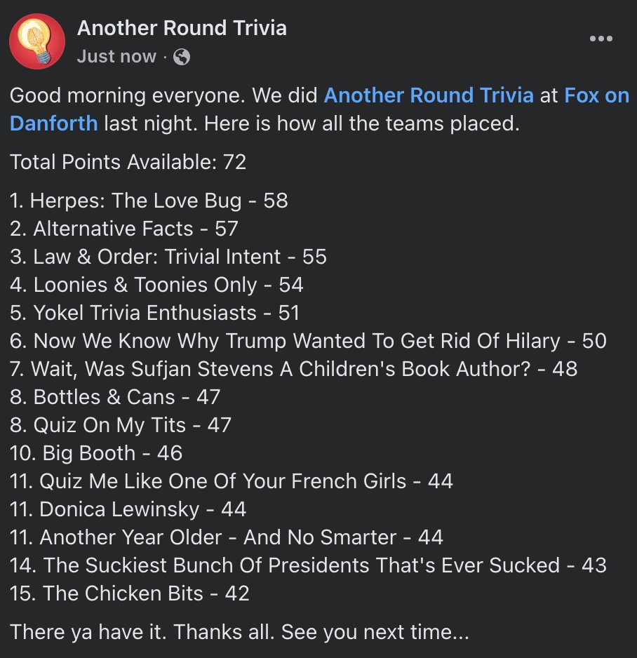 Hello all. Here are the results from last night's <a href="/A_R_Trivia/">Terrance Balazo</a> at <a href="/FOXandFiddleTO/">Fox&FiddleDanforth</a>: