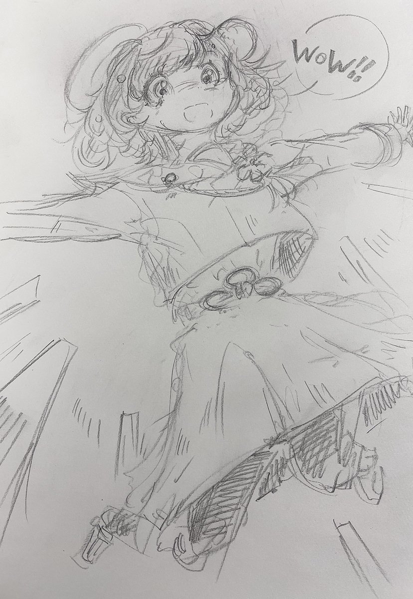 _tycoh's tweet image. 30分らくがき

最近よく見聞きするアオリ構図をｻﾕﾘﾁｬで試みようと始めたものの、なんかよくわからなくなって無意味にジャンプさせたもの。
失敗してもとりあえず描き切ることがだいじです🤔