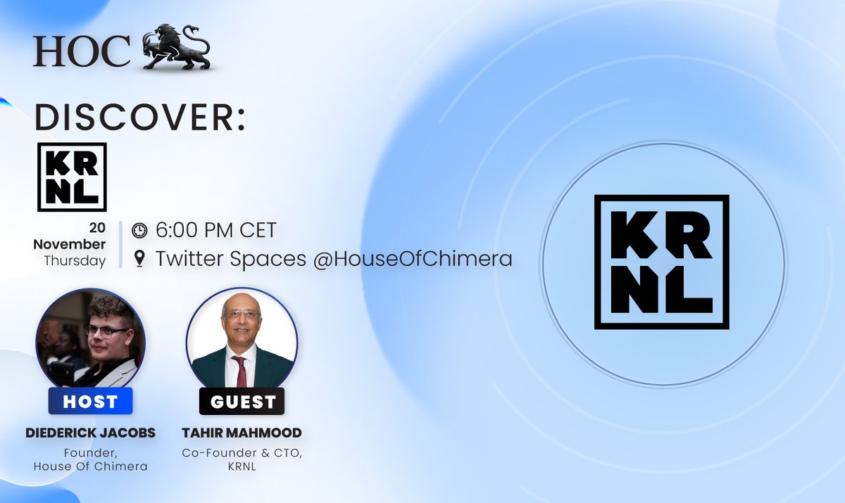 HouseofChimera's tweet photo. Verifiable orchestration for Web3 + AI.

🔹 @KRNL_xyz’s KRNL protocol let dapps call across chains, run off-chain/AI logic, and enforce rules pre-consensus
🔸 @Tahir_Mahmood (Co-Founder &amp; CTO) will unpack what's next at KRNL

🗓 Nov 20 · 6 PM CET

RSVP: https://t.co/choYSI3Swi https://t.co/LCNNPcFGZg