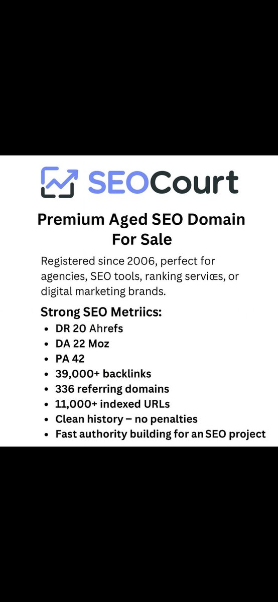 Designxtshert's tweet image. 🚀 Premium Aged SEO Domain For Sale
SEOCourt.com – Registered since 2006, perfect for agencies, SEO tools, ranking services, or digital 
 marketing brands.
@KehelAyyoub @kasmiyouness1 @Aladey 
@afternic @GoDaddyLife  #domain 
#domainnameforsale