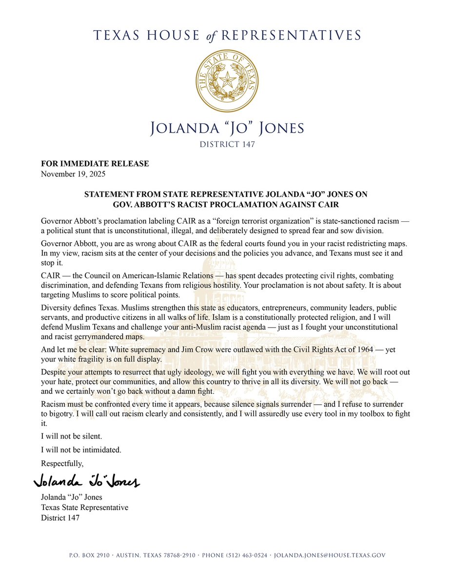 JonesJolanda's tweet photo. Abbott’s CAIR proclamation is racist, unconstitutional, and designed to spread fear. I oppose it‼️ Texas will NOT go back. Read my full statement in the graphic. Please like, share, follow, and tag. ✊🏾🌙💛
#StandWithCAIR #WeWontGoBack #TXPolitics #IStandWithTheMuslimCommunity https://t.co/YPK5bm9YpF
