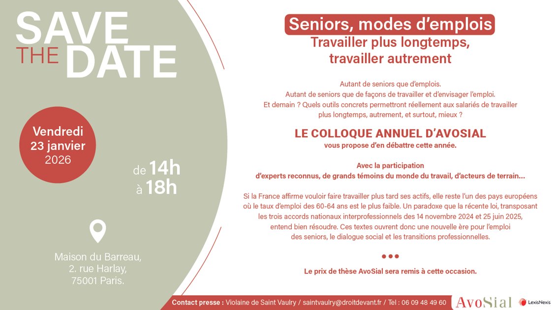 SAVE THE DATE | Colloque annuel d'AvoSial 📌
📅 Vendredi 23 janvier 2026
🕑 De 14h à 18h
📍 Maison du Barreau à Paris
#emploi #seniors #droitdutravail #droitsocial #contratdetravail #travail