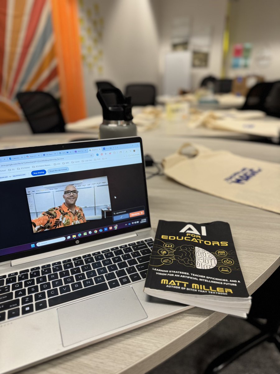 steviefrank23's tweet image. What’s been giving me life is leading @jmattmiller book as a book study in my district. 

Today we talked about how we can support students with knowing how to use AI responsibly since searches now just populate AI results at the top. 

Thanks to @magicschoolai for the swag 😉