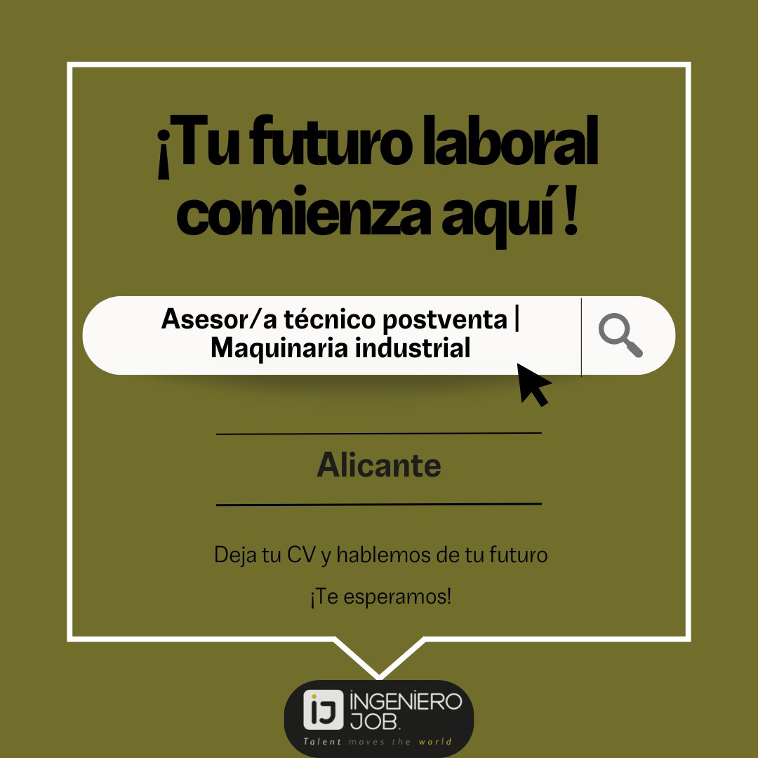 ¡Hola Ingenieros/as! 🌏

¿Buscas tu próxima oportunidad? 😜 Estamos seleccionando un Asesor/a técnico de postventa de Maquinaria industrial para una empresa de Alicante.

¡Aplica ahora! 👉 ingenierojob.com/oferta/asesor-…

#rrhh #talento #ingenierojob #empleo #seleccionxvalores