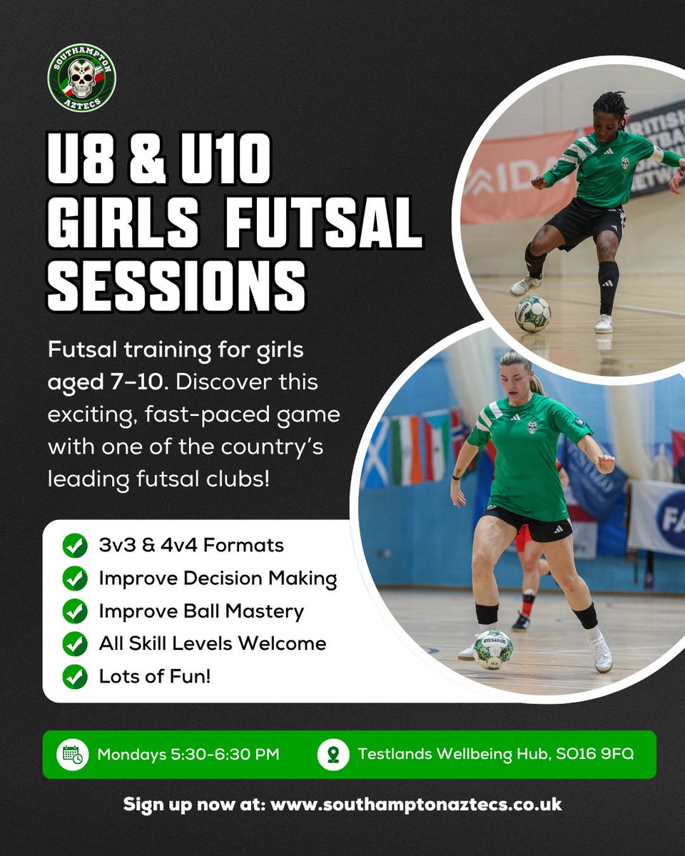 Girls Only Futsal sessions for U7-U10s on Mondays at Testlands!

We'll be working on ball mastery, game understanding, and useful futsal-specific techniques. Click on the link below to register:
southamptonaztecs.co.uk/youth-sessions