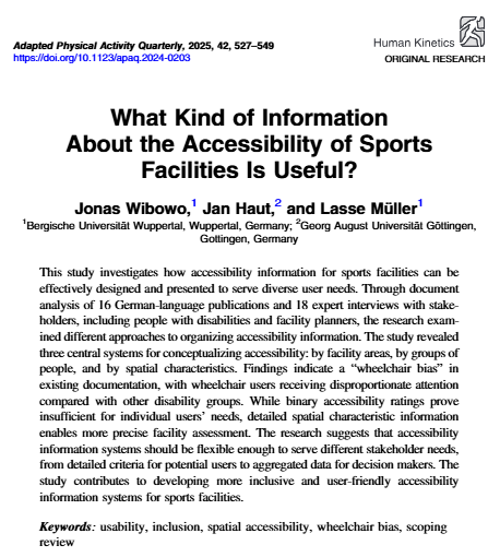 Human_Kinetics's tweet image. Check out the latest open access research from @APAQjournal! What Kind of Information About the Accessibility of Sports Facilities Is Useful? monkeylink.co/7d44e9 #adaptedsport #exercisescience