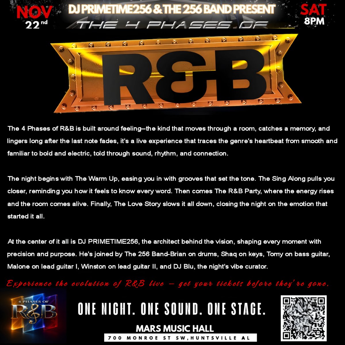 #DJPrimeTime256 and the 256 Band Present "THE 4 PHASES OF R&amp;B" coming to Mars Music Hall THIS SATURDAY NIGHT at 8PM! You won't want to miss this! One Night. One Sound. One Stage! Keep your ears on #941WHRP to win tickets or get them now at ticketmaster.com/4-pha.../event…