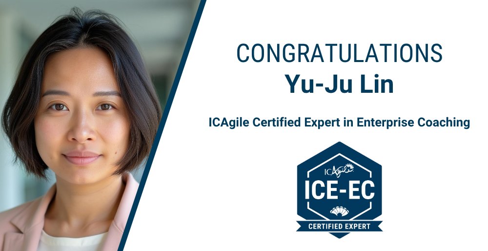 ICAgile's tweet image. Join us in celebrating Yu-Ju Lin, who earned the prestigious, competency-based ICAgile Certified Expert in Enterprise Coaching (ICE-EC) designation!

Learn more about competency-based certification for the discipline of Enterprise Coaching: hubs.la/Q03R7gm40