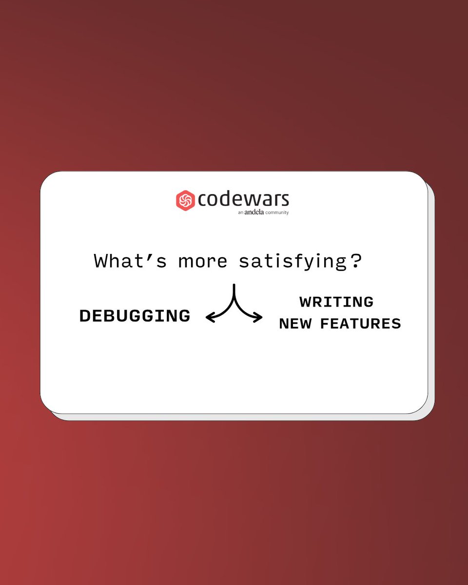 codewars's tweet image. Debugging or writing new features, what’s more satisfying? Let us know in the comments! 🐛

#LearnToCode #DevCommunity #Codewars