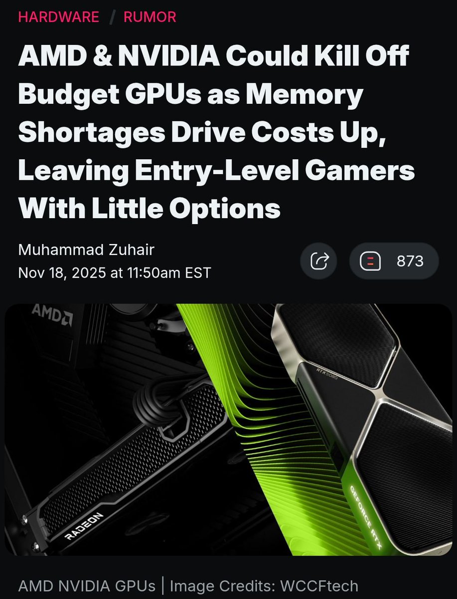 AlsoppJacob's tweet photo. NVIDIA and AMD may abandon production of budget graphics cards due to the skyrocketing price of RAM.

The skyrocketing cost of video memory has made it simply unprofitable to produce low-end and mid-range cards, making it easier to abandon them. https://t.co/uVY0Qg7HDH