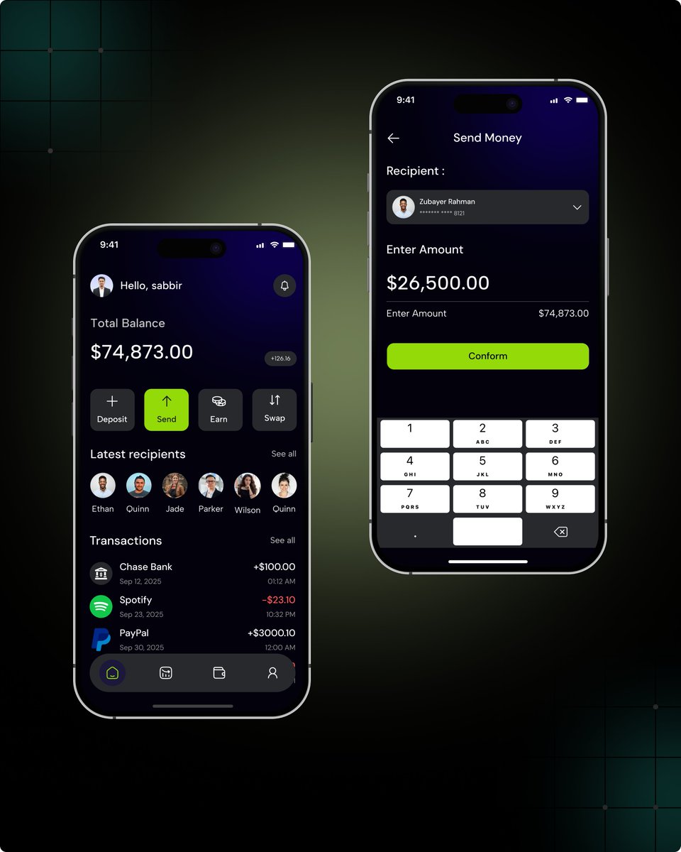 sabbirux7's tweet image. FinTech App UI Design

Key Highlights
↳Total balance dashboard
↳Quick actions (Deposit, Send, Earn, Swap)
↳Recent recipients
↳Transaction history
↳Secure &amp;amp; smooth send-money screen

#fintechdesign #mobilebankingui #uidesign #uxdesign #appdesign #mordandesign
