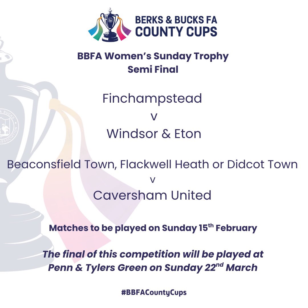 BerksandBucksFA's tweet photo. The draw for the @BerksandBucksFA Women’s Sunday Trophy Semi finals has been completed today ⬇️ 
We look forward to a March final at @penntgfc for this competition 🏆 ⚽️ https://t.co/L1gkSKzWco