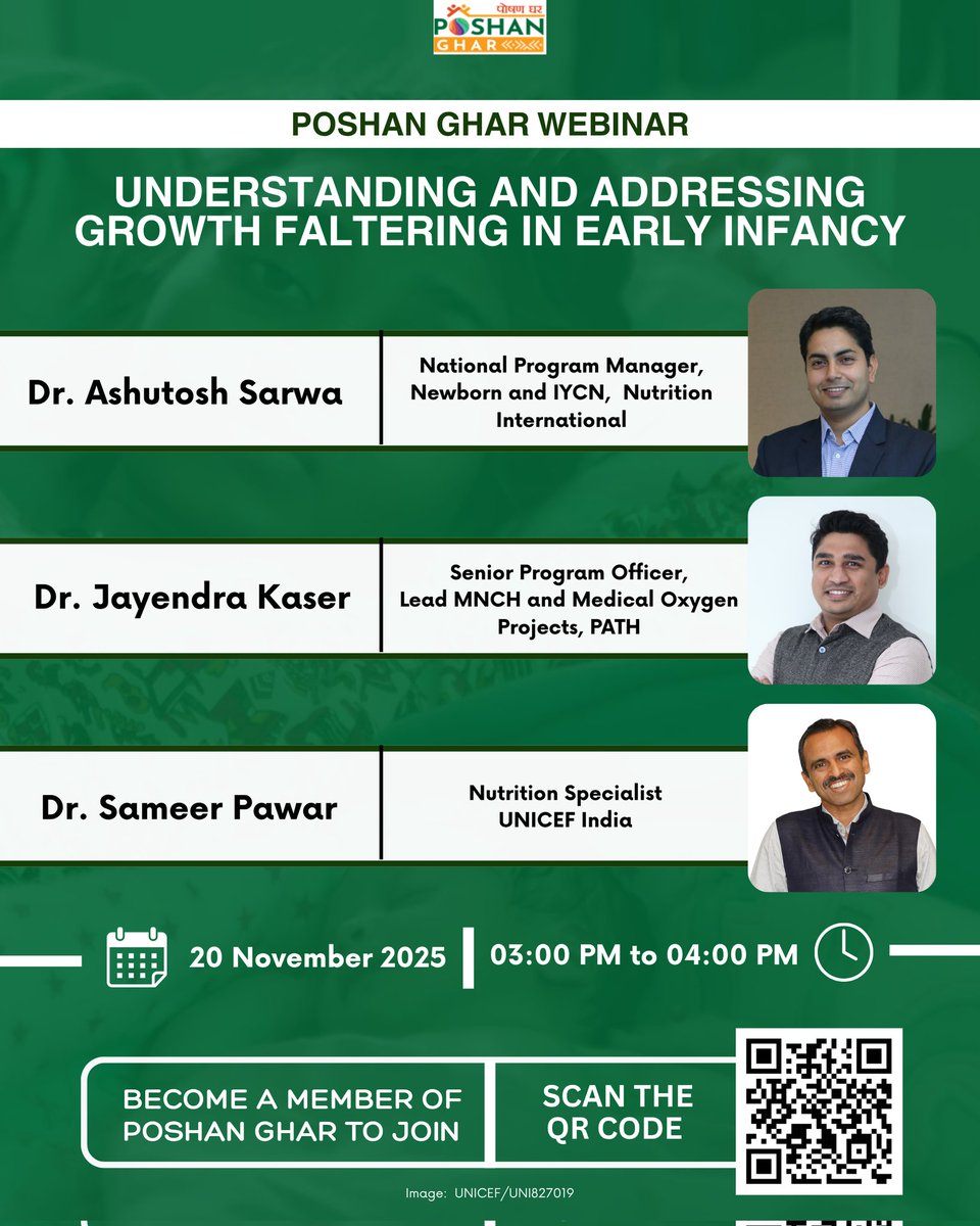 Happening tomorrow!

Join us for the upcoming Poshan Ghar Webinar on “Understanding and Addressing Growth Faltering in Early Infancy”

Become a member of Poshan Ghar to join.
Scan the QR code or click the link in the comments to register.
