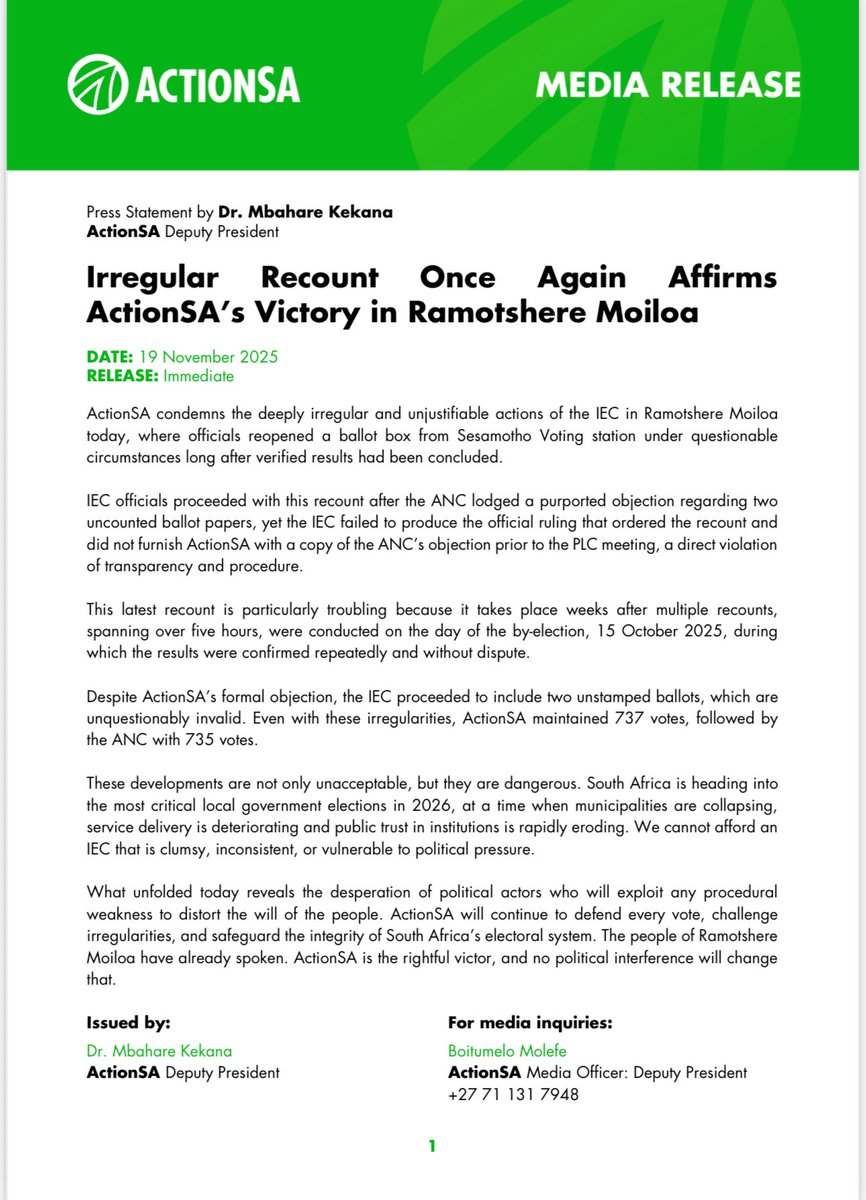 What unfolded today reveals the desperation of political actors who will exploit any procedural weakness to distort the will of the people.

<a href="/Action4SA/">ActionSA</a> has once again defeated the ANC in Ramotshere Moiloa’s Ward 7 despite the IEC’s irregular and unexplained recount.

The voters