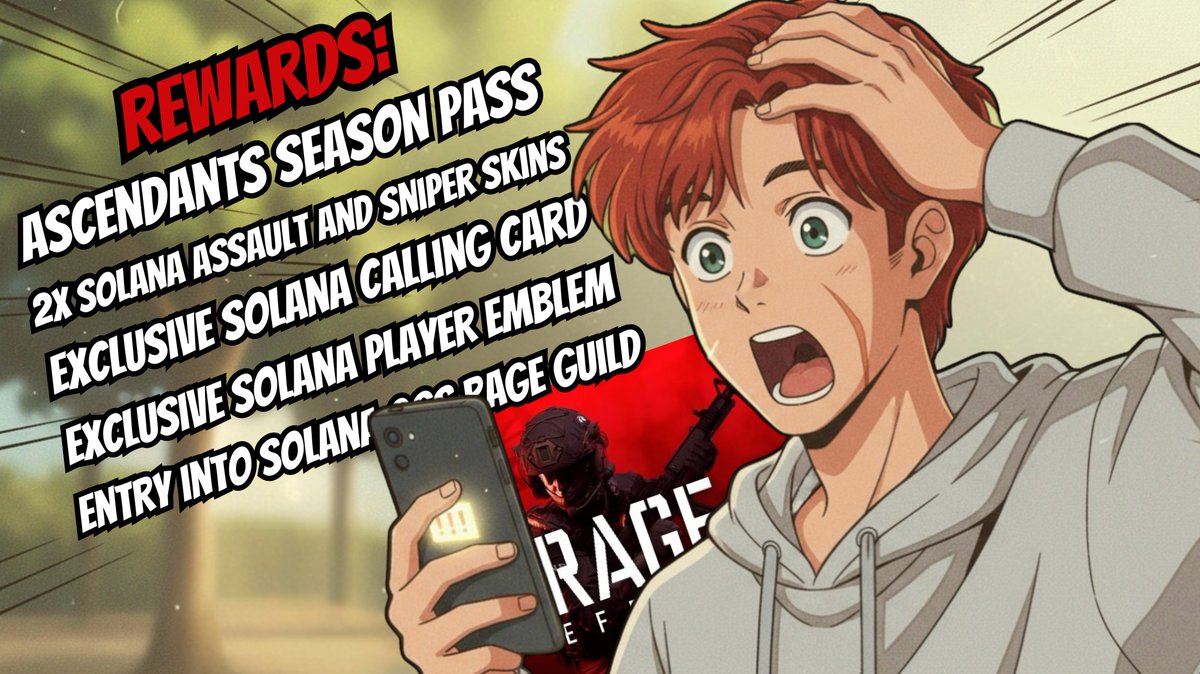 haxxernS7's tweet image. Will be live on Solana Gaming today at 3PM UTC.

Comment if you want to join.

Rewards:

- Ascendants Season Pass
- 2x Solana Assault and Sniper Skins
- Exclusive Solana Calling Card
- Exclusive Solana Player Emblem
- Entry into Solana OGs Rage Guild

It&apos;s TIME!