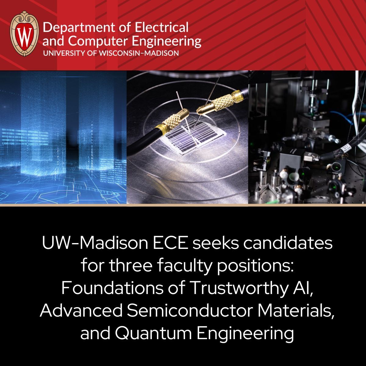UWMadisonECE's tweet photo. @UWMadisonECE is hiring for three faculty roles: Trustworthy AI, Advanced Semiconductor Materials, and Quantum Engineering. Strong candidates will join a collaborative community committed to excellence in research, education, and service.
Learn more: https://t.co/iAPmdnzhy9 https://t.co/Rh3BWM78jE