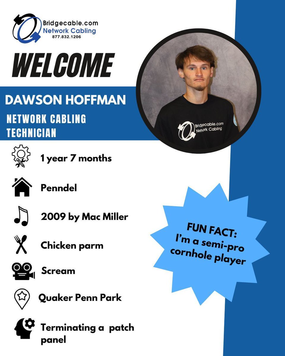 bridgecable's tweet image. Help us welcome our newest network cabling technician to the team, Dawson! We&apos;re excited to have you on board!⚙️🤝
bridgecable.com/our-staff/ 
#philadelphianetworkcabling #networkcablingtechnician #structuredcabling #securitysolutions #trustedexpertise #professionalservices