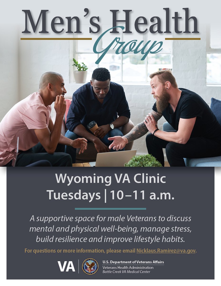 Today is International Men's Day!
And it is a great day to look into the Men's Health Group in Wyoming. Every Tuesday at 10:00 a.m., male Veterans can discuss how they manage stress, improve lifestyle habits, and more in a peer support setting.
For any questions, email