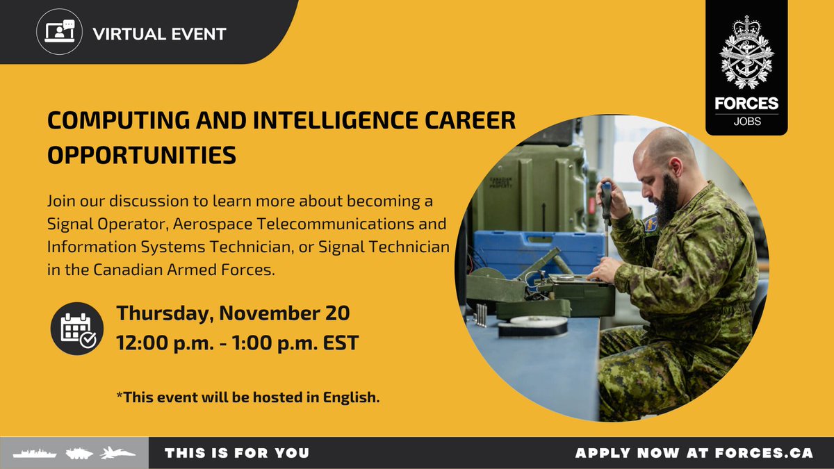 CanadianForces's tweet image. Register for our webinar to speak with recruiters and learn more about how you can join our team as a Signal Operator, Aerospace Telecommunications and Information Systems Technician, or Signal Technician: forces.ca/en/events/#/de…