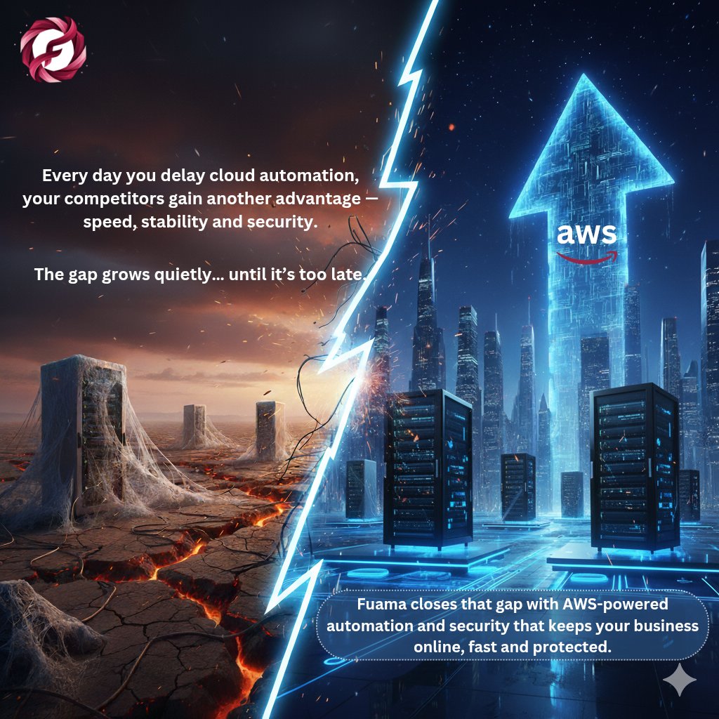 FuamaTech's tweet image. Every day you delay cloud automation, your competitors get faster, more secure, and scale smarter. Fuama closes the gap with AWS automation, real-time monitoring &amp;amp; smart scaling. Lead the change. Start today. ⚡🔒🚀📈 fuama.org