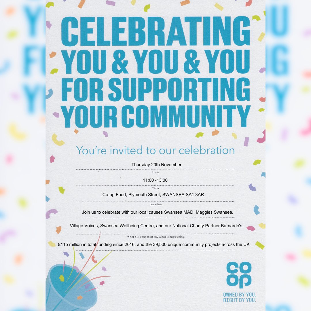 Join us for our Coop Celebration Event with <a href="/MaggiesCentres/">Maggie's Centres</a>, Village Voices, Swansea Wellbeing Centre &amp; <a href="/barnardos/">Barnardo’s</a>! 🎉

Huge thanks to @CoopUK for supporting <a href="/SwanseaMAD/">Swansea MAD</a> for 2 rounds of the Local Community Fund 💙

20th Nov, 11:00–13:00

Plymouth Street, Swansea SA1 3AR