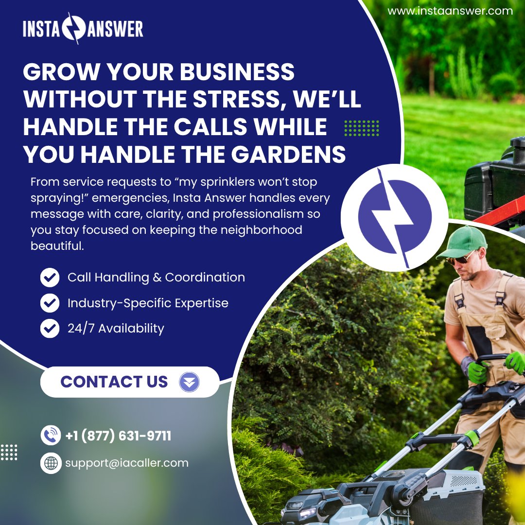 Insta_Answer's tweet image. While you’re out trimming, mowing, fixing sprinklers, and turning dry yards into dreamy outdoor spaces, we’re here making sure no call goes unanswered and no customer gets left in the weeds.

Dial (877) 631-9711 or email support@iacaller.com today!

#InstaAnswer #CSR #LawnCare