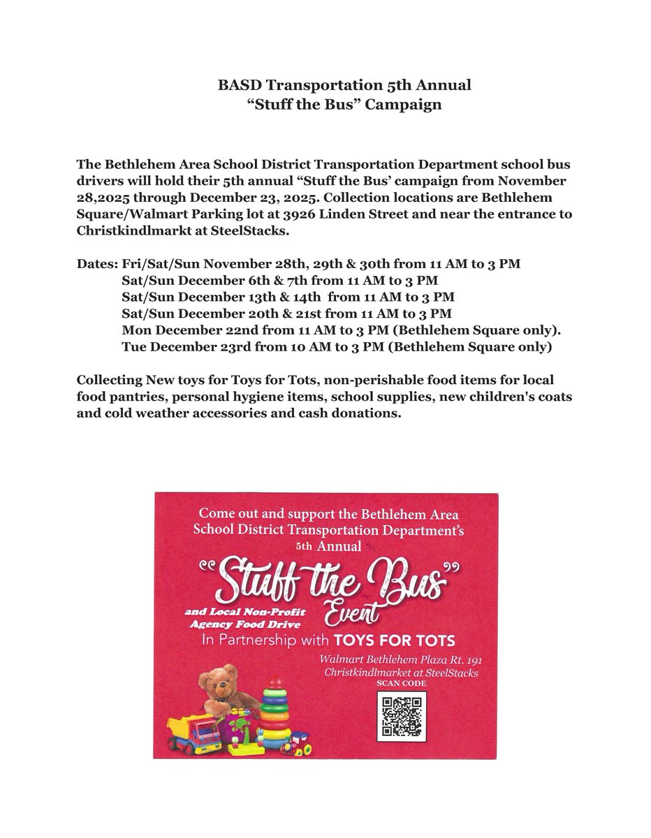 BethlehemAreaSD's tweet image. 🚌 The Bethlehem Area School District Transportation Department school bus drivers are excited to kick off the 5th Annual “Stuff the Bus” Campaign from November 28 through December 23, 2025!

#BASDproud #StuffTheBus #BASDcommunity #BASDTransportation #HolidayGiving #BethlehemPA