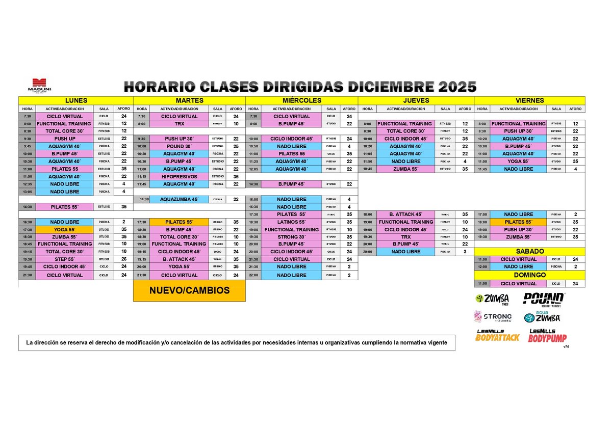 Horario clases dirigidas Gimnasio Mabuni diciembre 2025