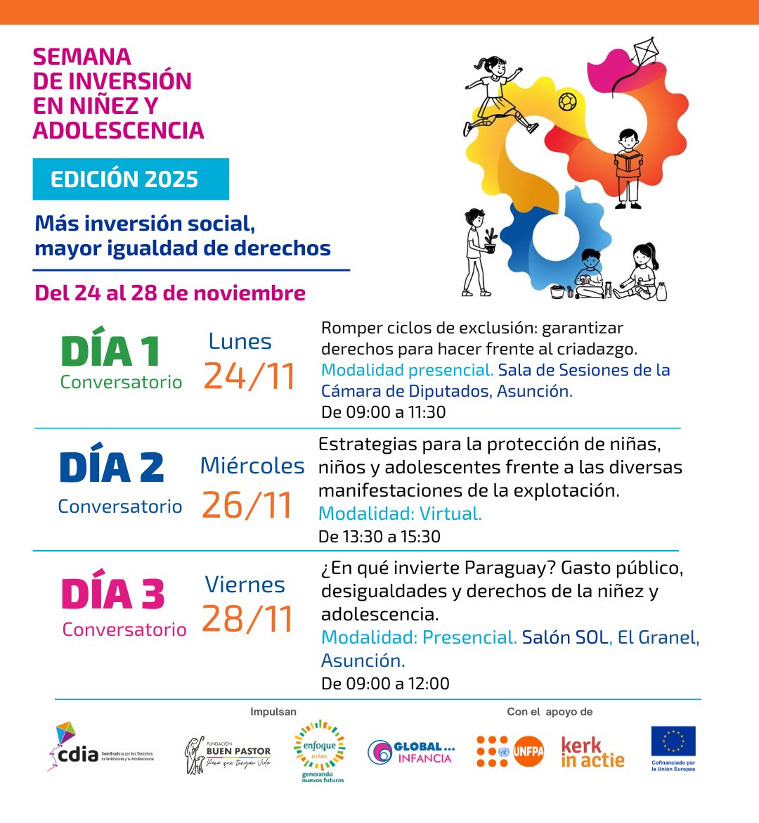 CDIApy's tweet image. 🙌Te compartimos las actividades para la Semana de Inversión en Niñez y Adolescencia 2025 &quot;Más inversión social, mayor igualdad de derechos&quot; te traemos tres conversatorios, dos presenciales  y uno virtual 

✍️Para inscribirte completando el formulario: forms.gle/TZLRoQeqZaAGZ8…