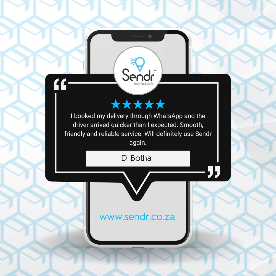 Sendrsa's tweet image. “I booked my delivery through WhatsApp and the driver arrived quicker than I expected. Smooth, friendly and reliable service. Will definitely use Sendr again.”
— D. Botha ⭐️⭐️⭐️⭐️⭐️

Thank you for the great review! 💙
#Sendr #EasyFastSafe #CustomerReview #5Stars