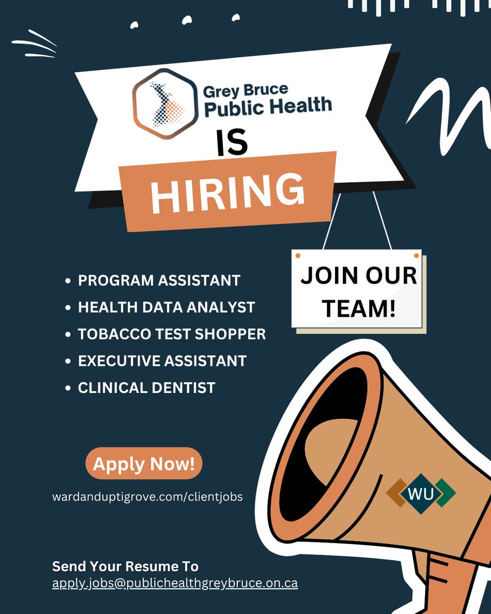 Grey Bruce Public Health is hiring for multiple positions! 

Are you or someone you know looking for a new opportunity? Apply today! 

Submit your resume, cover letter, and application form to: apply.jobs@publichealthgreybruce.on.ca 

More information: 
wardanduptigrove.com/clientjobs