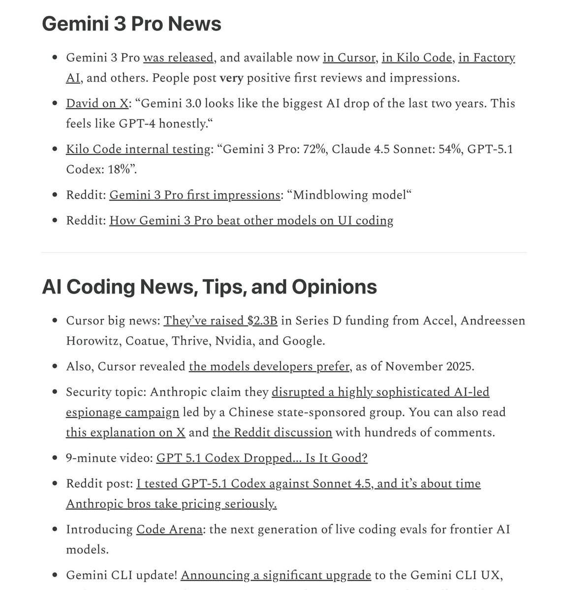 Gemini 3 Proは好評を得ているようです!
私の AI コーディングニュースレターの新しい号が、Substack の記事として読めるようになりました。
新しい Gemini 3、GPT-5.1、カーソルが 23 億ドルを調達
h