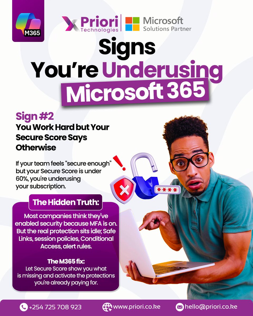 PrioriTechLtd's tweet image. MFA is on. You feel secure. 
But your Secure Score might tell a different story. 
Safe Links, Conditional Access, and alert rules could be waiting for activation. 
Don’t leave your security half-done. 

priori.co.ke
#microsoft365 #securescore #cybersecurity #modernwork