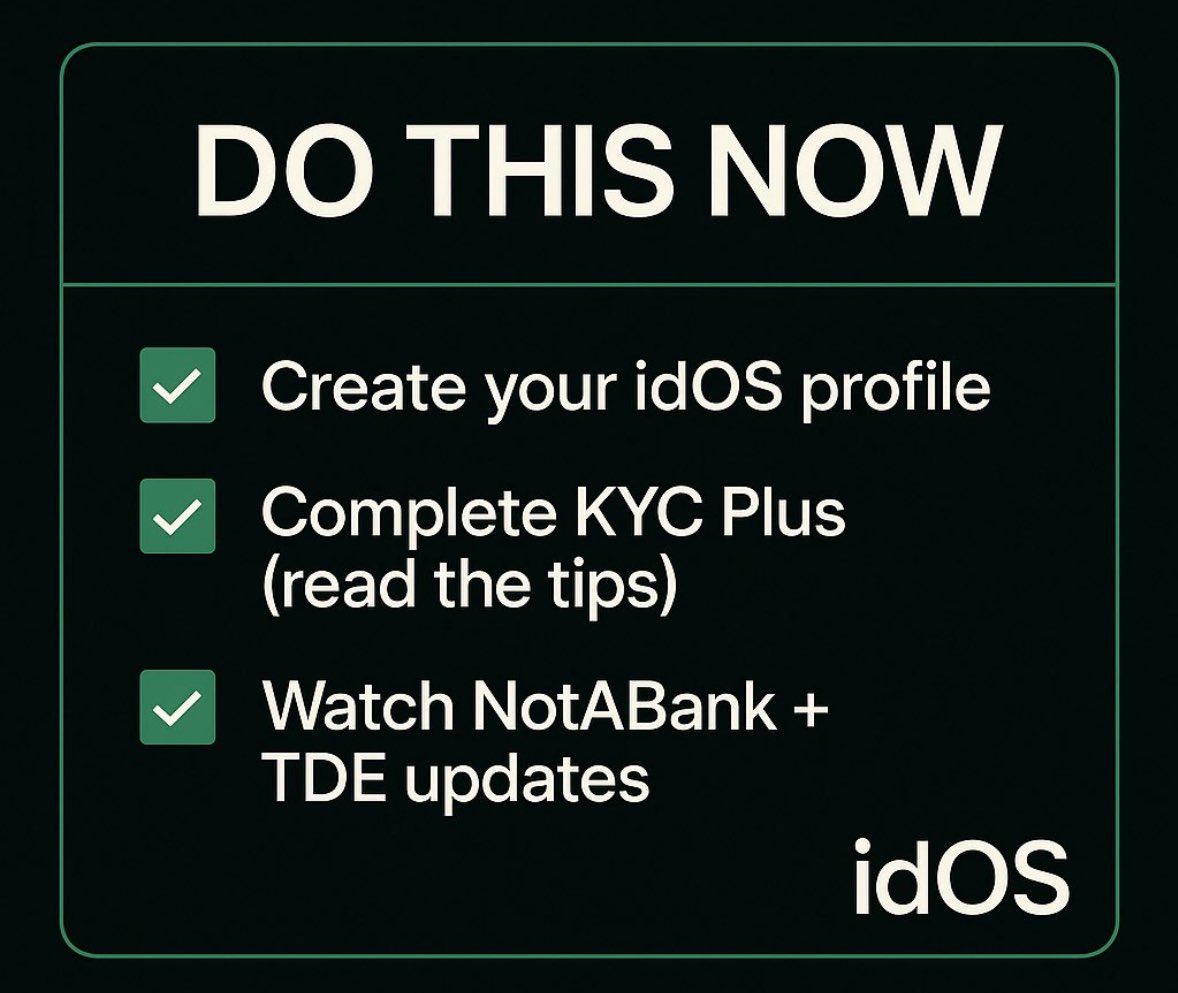 _Kriptopia's tweet image. Gidos @idOS_network 
NotABank Architecture / On Chain KYC Without Storing Your Data

NotABank runs on the idOS identity layer and verifies KYC Basic or KYC Plus using encrypted Verifiable Credentials, not raw documents. When you finish KYC in the idOS App, the result becomes an…