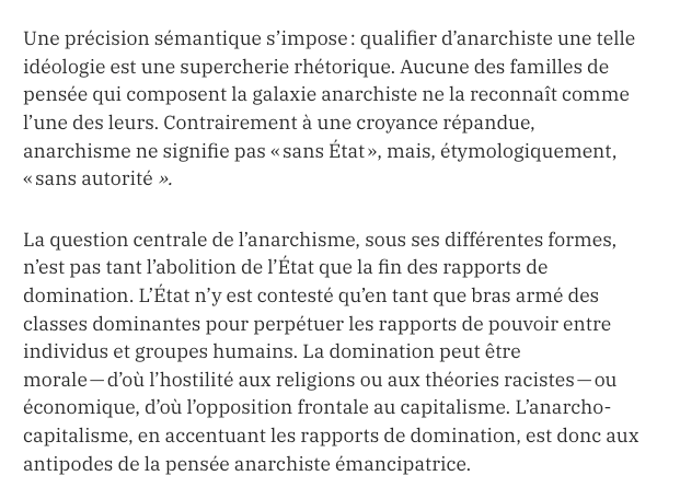 Il y a trop de conneries, pas le temps de tout reprendre. Je vais juste aller sur le caractère anarchiste des libertariens cohérents. En l'occurence, l'auteur nous dit qu'aucune des familles de pensée de l'anarchisme n'accepte les anarcaps. Anarchisme renverrait à "sans autorité"