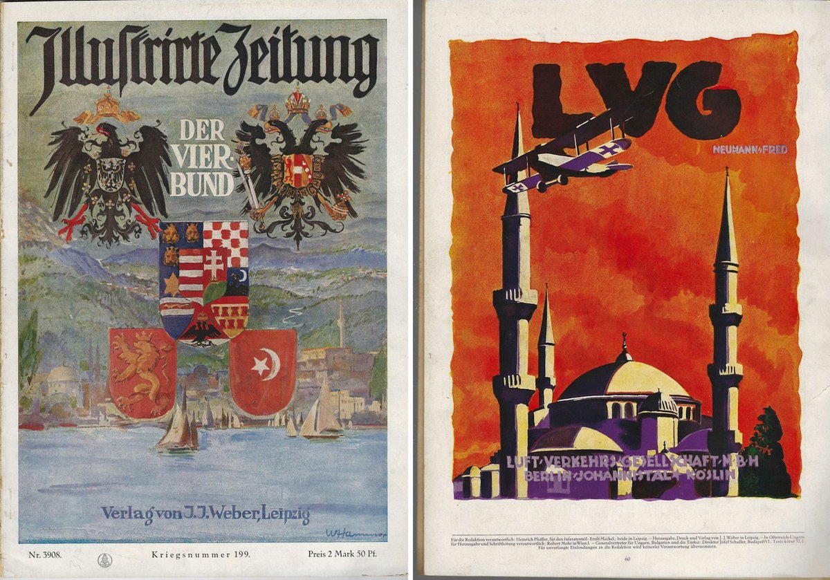 SDKoleksiyon's tweet image. I. Dünya Savaşı sırasında ön kapakta Türkiye görseli ve İttifak devletlerinin armaları arka kapakta ise Ayasofya görseliyle, Havacılık firması LVG reklamıyla Almanya&apos;da yayımlanan Illusstrirte Zeitung dergisinin ittifak özel sayısı.