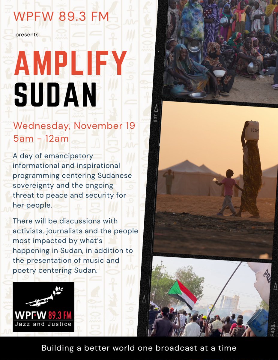 AfricaNowOnline's tweet image. Today Nov. 19 5am to Midnight (US EST) @WPFWDC wpfwfm.org Amplify #Sudan 9-11am Verna Avery Brown &amp;amp; Mosaab Baba - The December Generation Town Hall w guests Amel Omer &amp;amp; Ibrahim Abdulmajeed; 11am-12pm @EdgeofSports  &amp;amp; @ChuckModi1-Sportswashing w @shinani1 Gatebuke