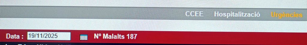 19/11/2025
187 pacients a Urgències de l'Hospital del Mar
63 superen les 24 hores 
El més antic supera les 122 hores
Pacient de 83 anys, supera les 114 hores
89 anys, 68 hores
84 anys, 53 hores
85 anys, 52 hores 
89 anys, 50 hores
86 anys, 47 hores
92 anys, 46 hores
85 anys, 46 h
