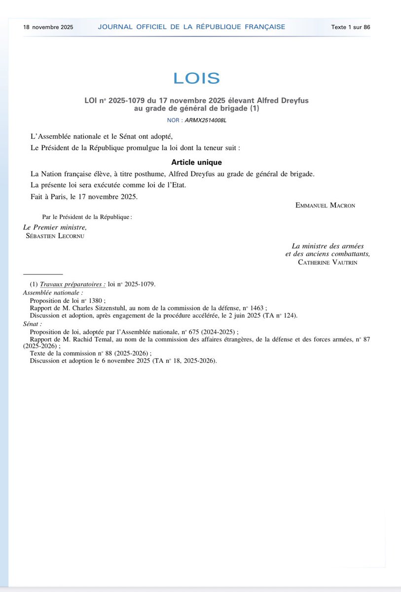 La France élève enfin Alfred Dreyfus au grade de général à titre posthume. Je voudrais remercier <a href="/Elysee/">Élysée</a> <a href="/EmmanuelMacron/">Emmanuel Macron</a> <a href="/CSitzenstuhl/">Charles Sitzenstuhl</a> <a href="/RachidTemal/">Rachid Temal</a> <a href="/pierremoscovici/">Pierre Moscovici</a> <a href="/FSalatBaroux/">F. Salat-Baroux</a> et Louis Gautier pour leur action déterminante à rappeler l’importance de la vérité, toujours