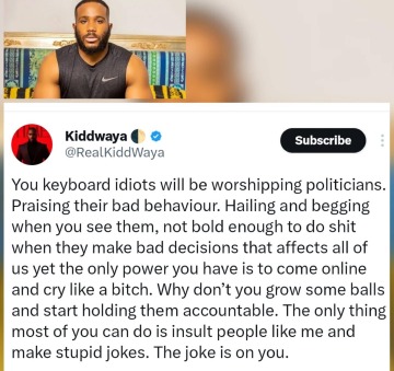 Blueprint_ng's tweet image. Kiddwaya Criticized for Accusing Nigerians of Hypocrisy

Reality star and son of wealthy entrepreneur Terry Waya, Kiddwaya, is facing backlash after accusing Nigerians of hypocrisy.
#NigeriaNews #Kiddwaya #SocialMedia #Politics #CelebrityNews