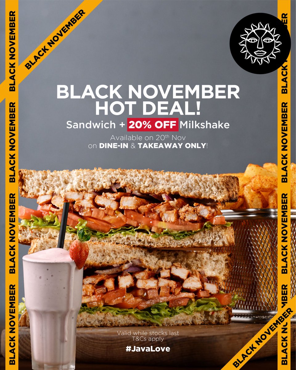 javahouseafrica's tweet image. Get ready for a flavour filled day. Tomorrow only enjoy your favourite sandwich and get your milkshake at 20%Off. Set your alarms. Offer valid for dine in or take away only. #JavaLove