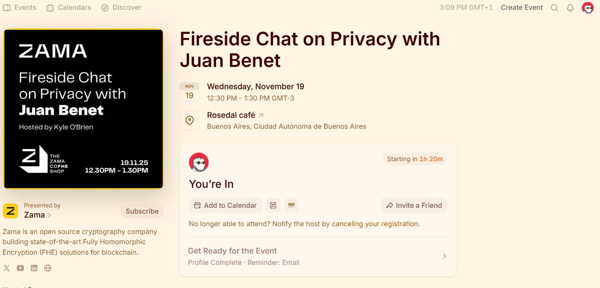 Privacy tech only matters if people actually understand it

Thats why Im bullish on education around FHE and what 

<a href="/zama/">Zama</a>  is building

excited for the fireside chat at  learning is how 

ecosystems scale not just hype

<a href="/juanbenet/">Juan Benet</a>  <a href="/analog_kyle/">Kyle O'Brien</a> 

#ZamaCreatorProgram