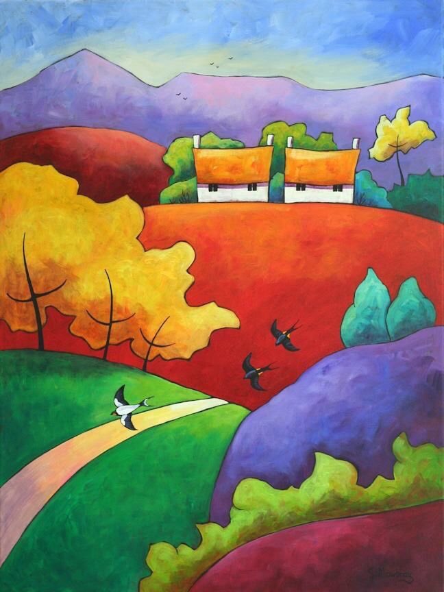 ‘Flight Past’ 
Gillian Mowbray 
English painter 
Love the almost stained  glass alike colours 
Acrylic artworks ‘bringing calm and tranquility’ say the critics.   Right again says I .