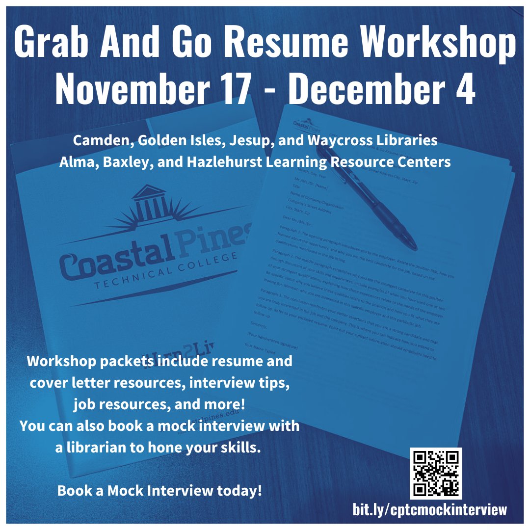Getting ready to graduate? Looking for a new job? Come grab your Resume Workshop Packet from CPTC Library Services. The packet includes resume &amp; cover letter resources, interview tips, job resources, and more! You can also book a mock interview with one of our librarians.