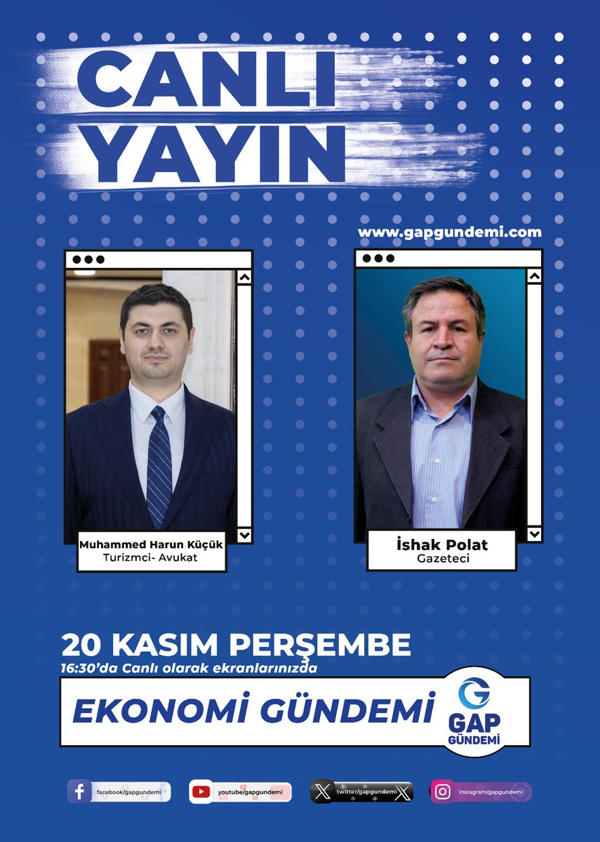 Türkiye Turizm Tanıtım ve Geliştirme Ajansı (TGA) Güneydoğu Anadolu Bölgesi Yönetim Kurulu Adaylığını açıklayan Av. Muhammed Harun Küçük, GAPGündemi’nden İshak Polat’ın hazırlayıp sunduğu “Ekonomi Gündemi” programının canlı yayın konuğu olacak. <a href="/mharunkucuk/">Harun Küçük</a> <a href="/GAPGundemiDJTL/">GAPGündemi Dijital</a>