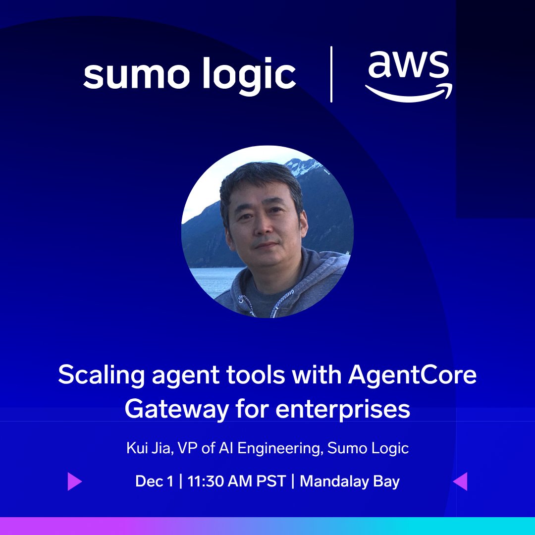 SumoLogic's tweet image. Interested in #agenticAI? If you’re attending #AWSreInvent, come hear Kui Jia, our VP of AI Engineering, talk about how we’re building AI-driven products like Dojo AI. 

He&apos;ll share real-world insights and lessons learned from implementing agentic AI solutions to solve business…