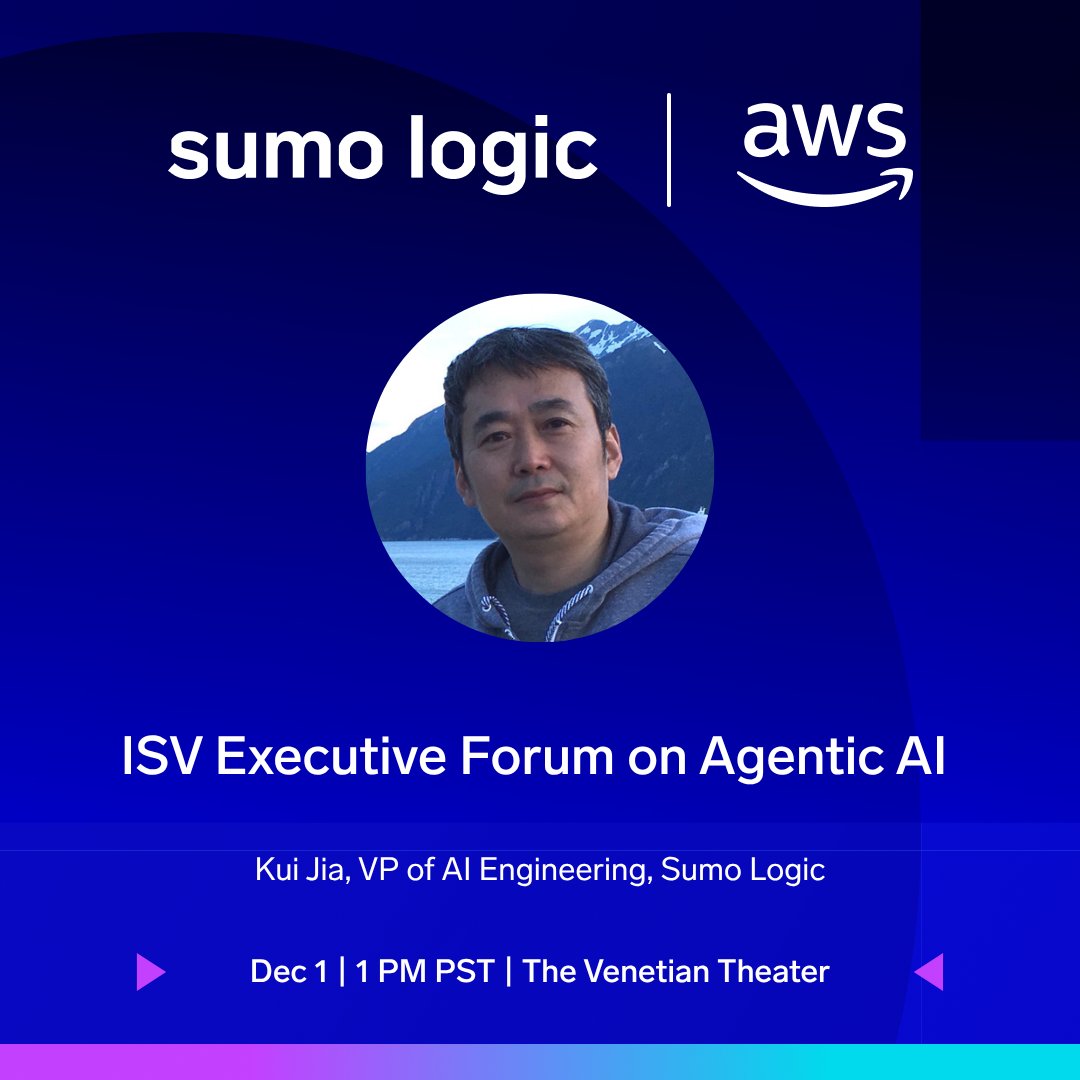 SumoLogic's tweet image. Interested in #agenticAI? If you’re attending #AWSreInvent, come hear Kui Jia, our VP of AI Engineering, talk about how we’re building AI-driven products like Dojo AI. 

He&apos;ll share real-world insights and lessons learned from implementing agentic AI solutions to solve business…