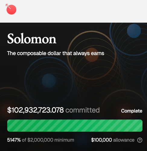 Solomon ICO 承诺界面显示已承诺超过 $102 million