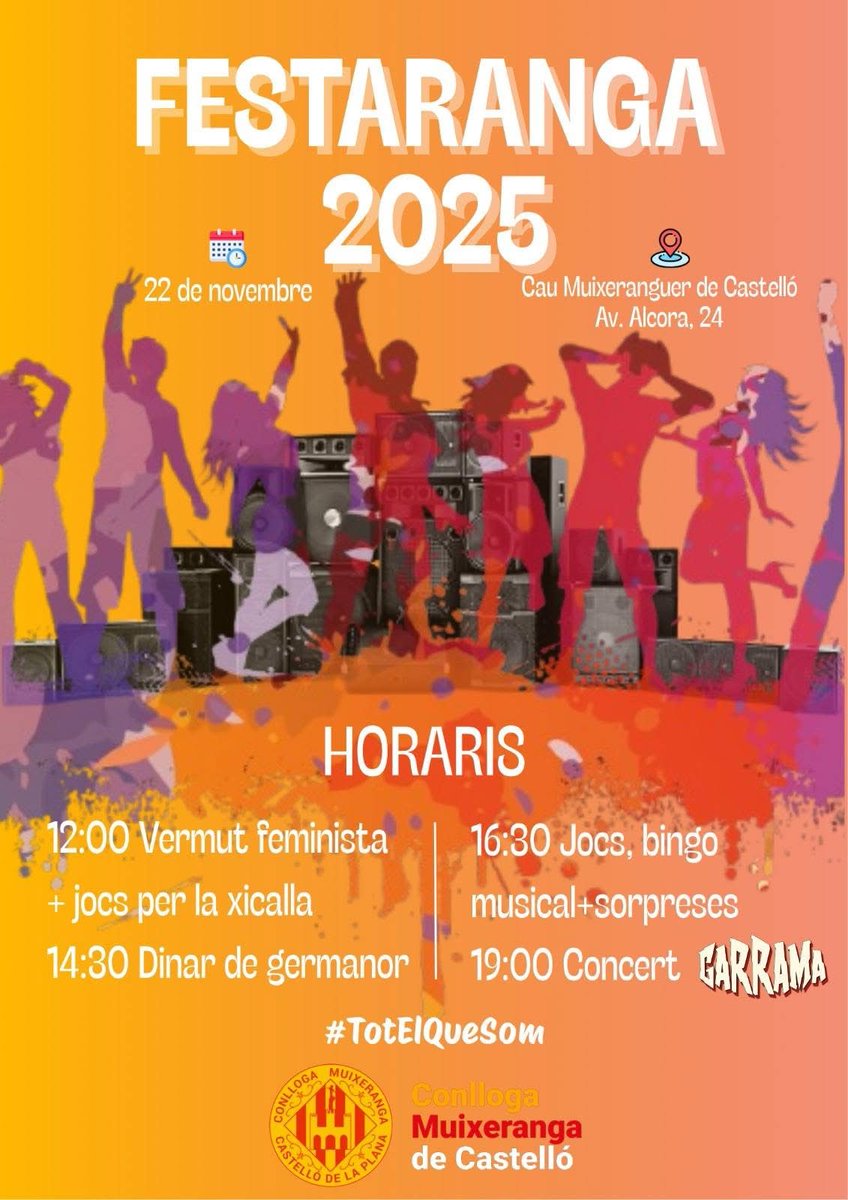 conlloga_'s tweet image. Continuarem la nostra LA FESTARANGA amb un dinar de germanor, jocs, sorpreses i el concert de GARRAMA obert a tothom! 💫🎉🎂

📆 Dissabte 22 de novembre
📍Cau Muixeranguer de Castelló

Vos esperem per celebrar juntes

#TotElQueSom 💛